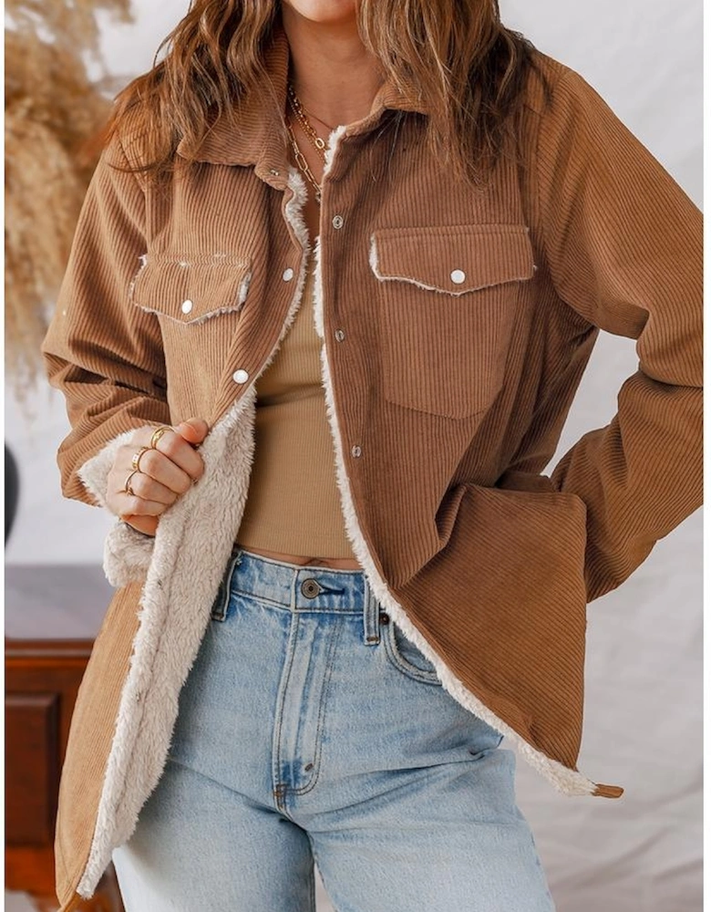 Cinnamon Fleece Lined Buttoned Flap Pockets Corduroy Jacket