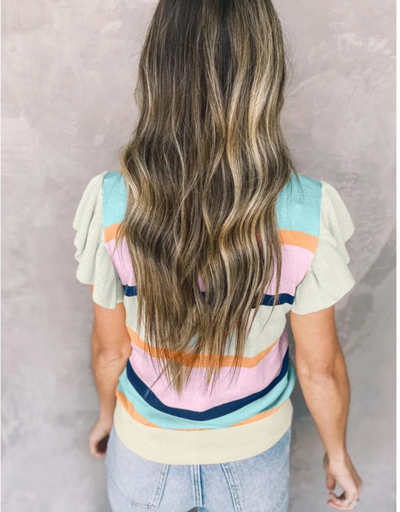 Multicolour Striped Color Block Flutter Sleeve Patchwork Sweater Top