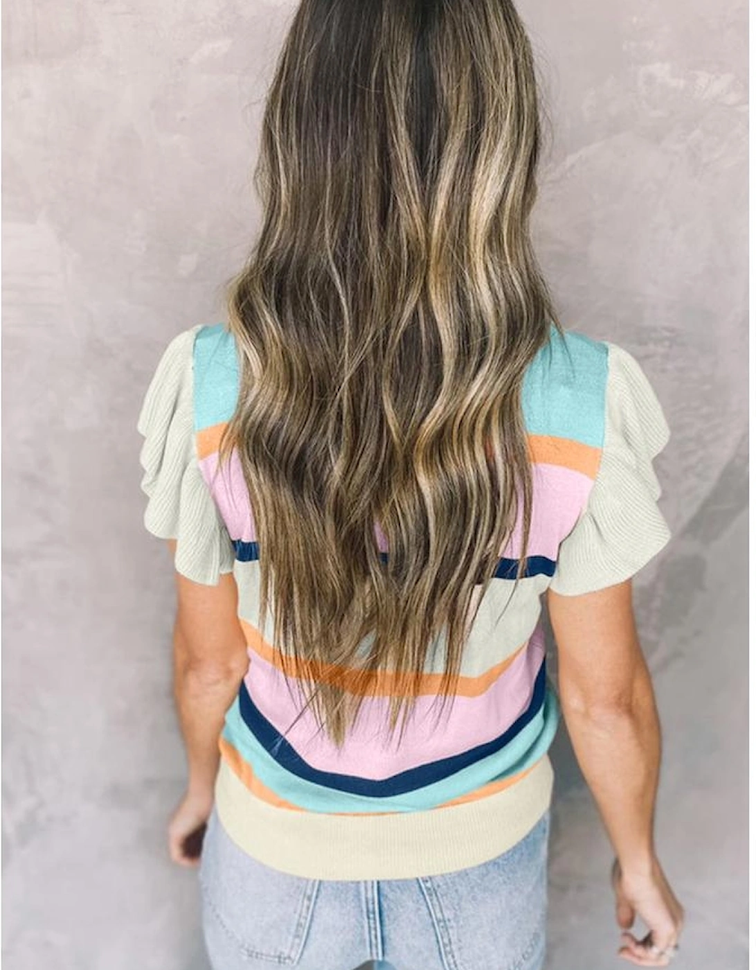 Multicolour Striped Color Block Flutter Sleeve Patchwork Sweater Top, 13 of 12