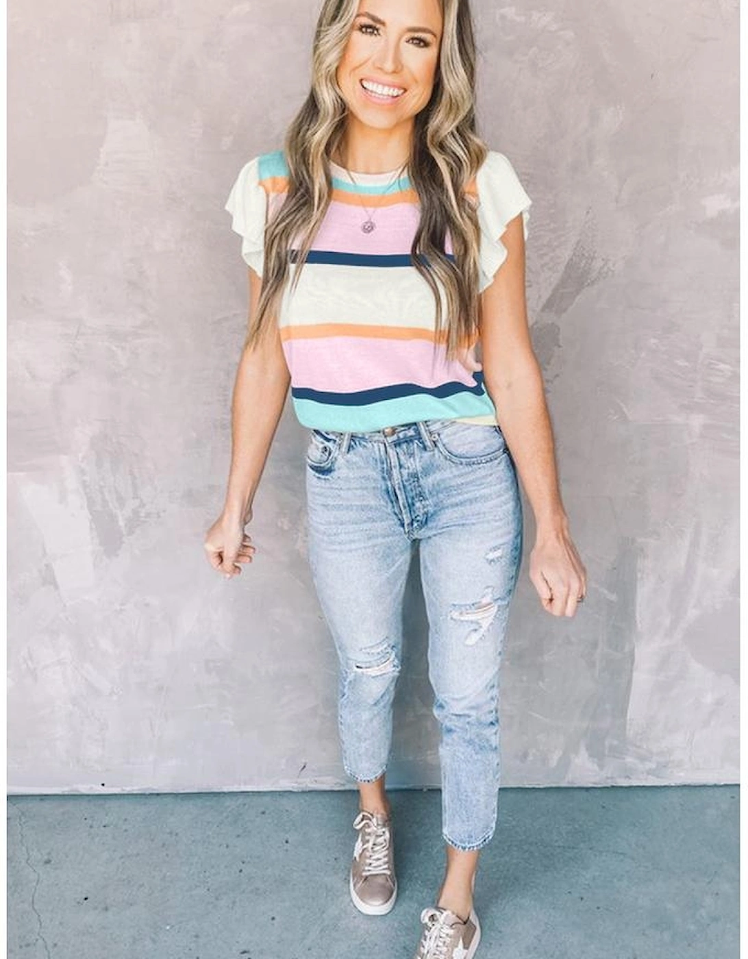 Multicolour Striped Color Block Flutter Sleeve Patchwork Sweater Top