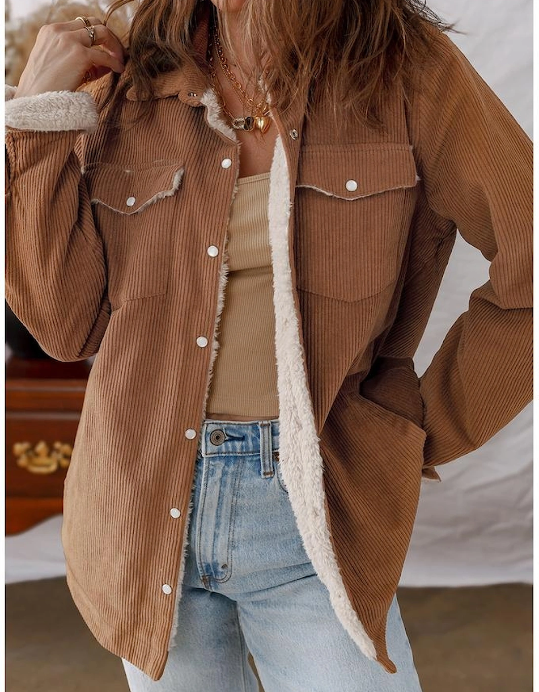 Cinnamon Fleece Lined Buttoned Flap Pockets Corduroy Jacket