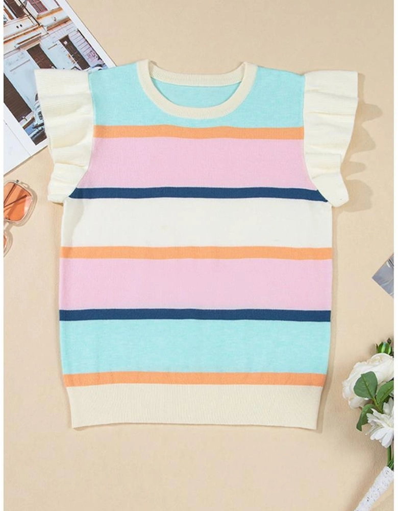 Multicolour Striped Color Block Flutter Sleeve Patchwork Sweater Top
