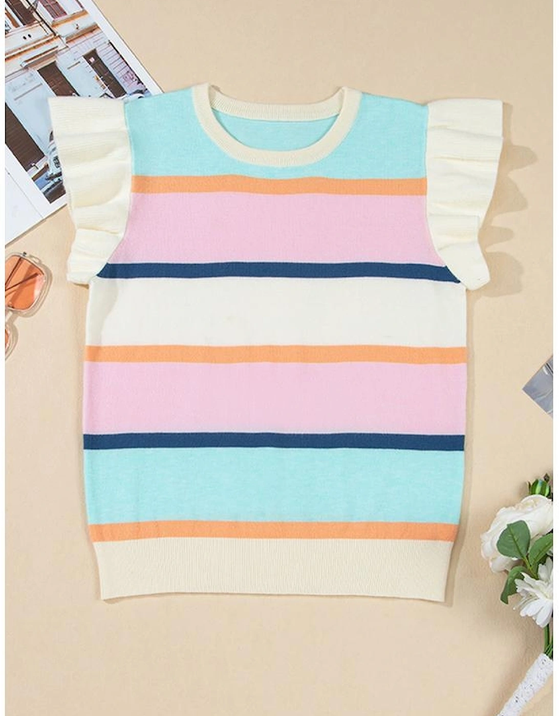 Multicolour Striped Color Block Flutter Sleeve Patchwork Sweater Top