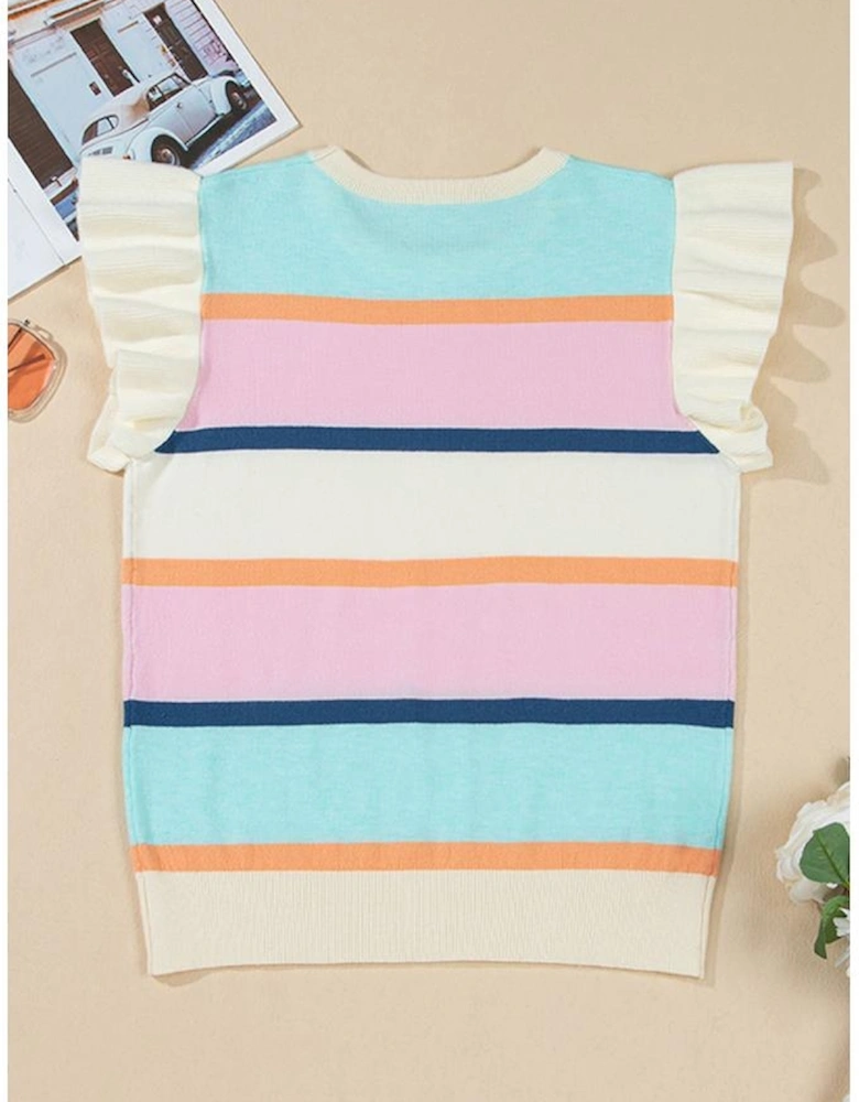 Multicolour Striped Color Block Flutter Sleeve Patchwork Sweater Top