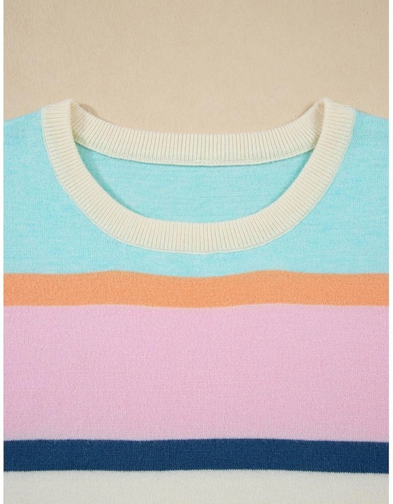 Multicolour Striped Color Block Flutter Sleeve Patchwork Sweater Top