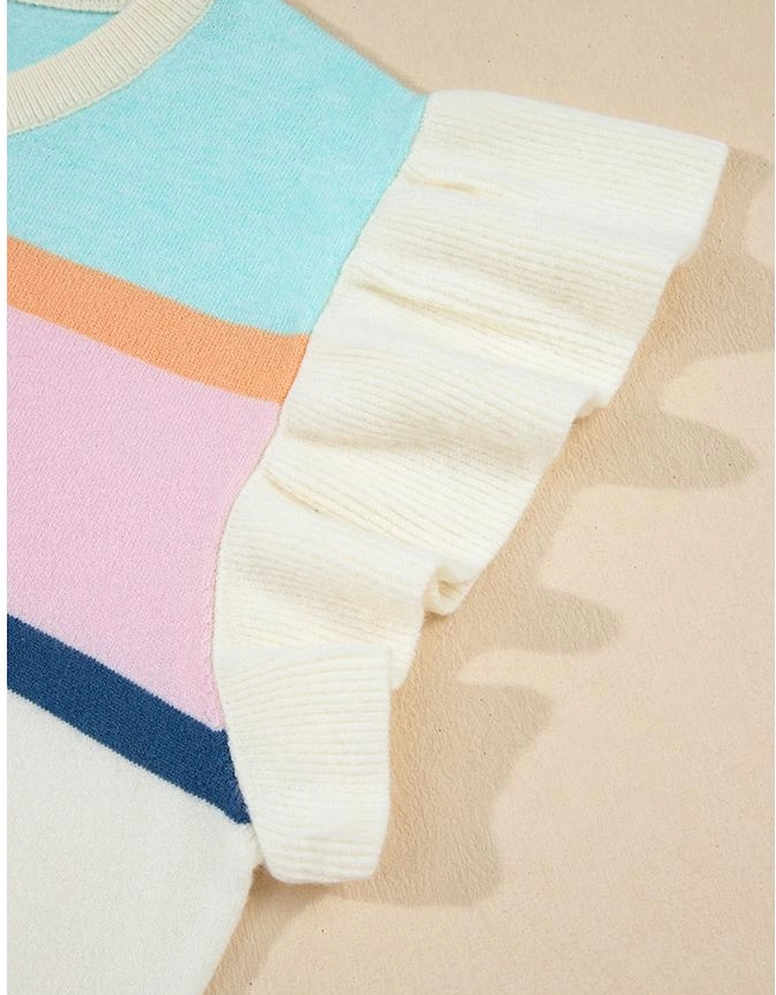 Multicolour Striped Color Block Flutter Sleeve Patchwork Sweater Top