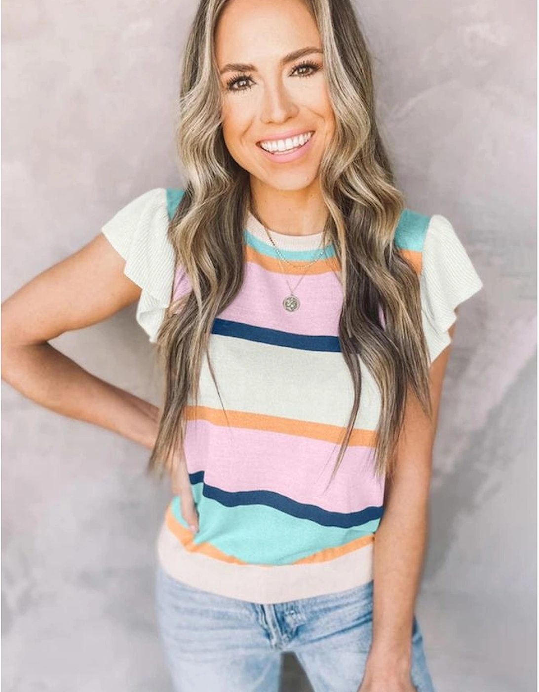 Multicolour Striped Color Block Flutter Sleeve Patchwork Sweater Top