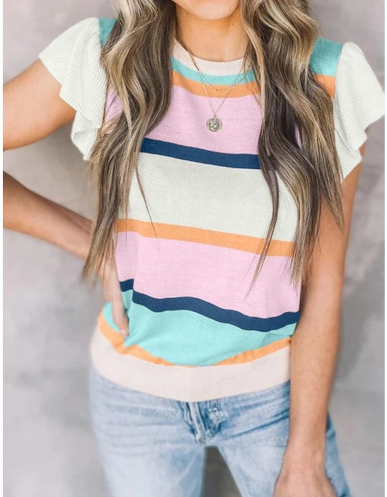 Multicolour Striped Color Block Flutter Sleeve Patchwork Sweater Top