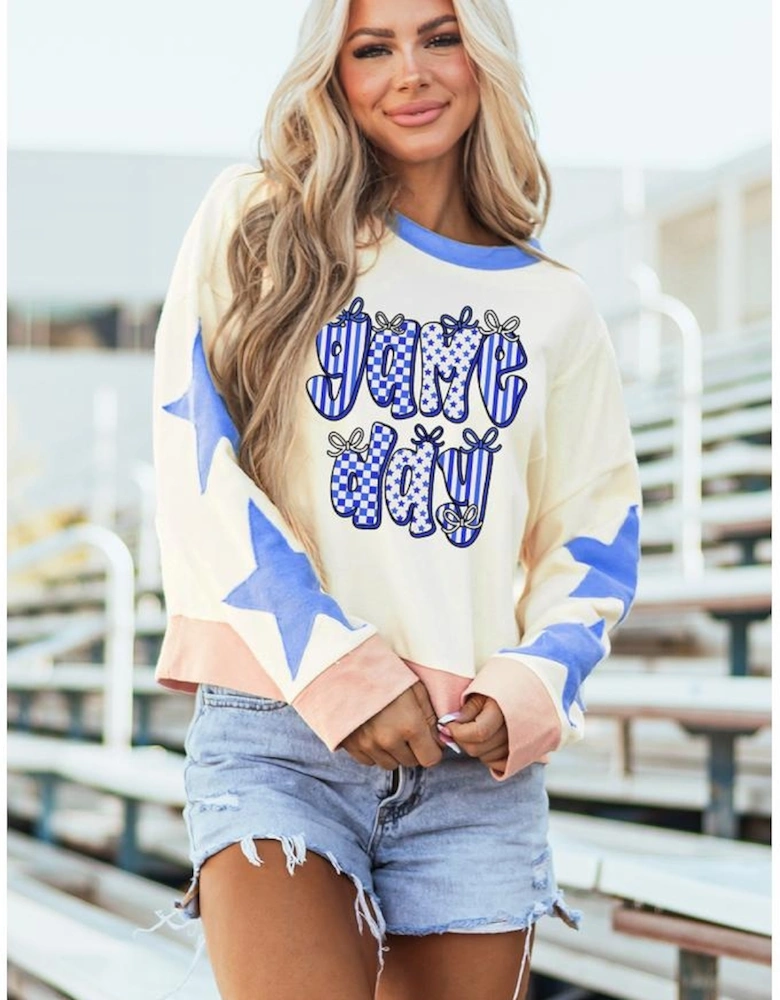 Beige Game Day Graphic Starry Patched Sleeve Contrast Trim Casual Sweatshirt