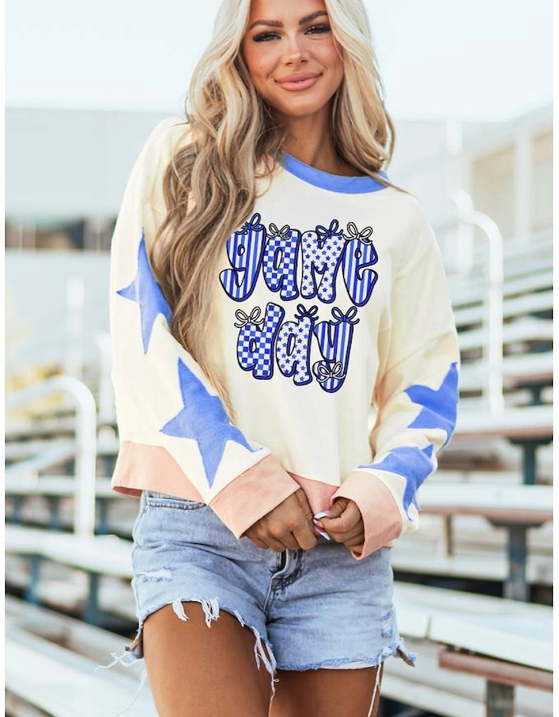 Beige Game Day Graphic Starry Patched Sleeve Contrast Trim Casual Sweatshirt