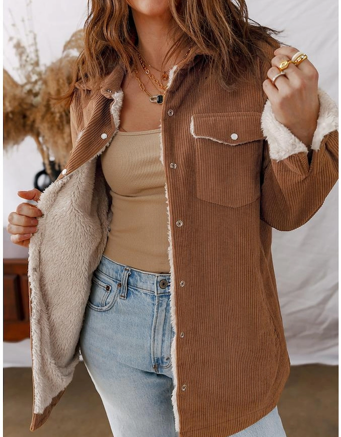 Cinnamon Fleece Lined Buttoned Flap Pockets Corduroy Jacket