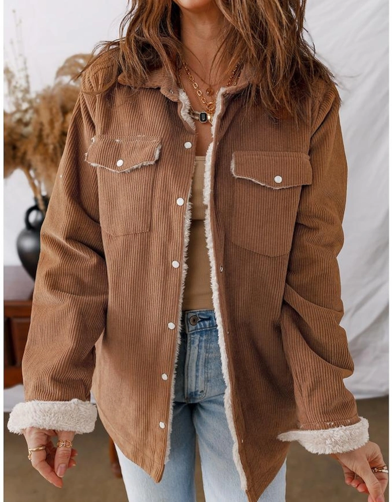 Cinnamon Fleece Lined Buttoned Flap Pockets Corduroy Jacket