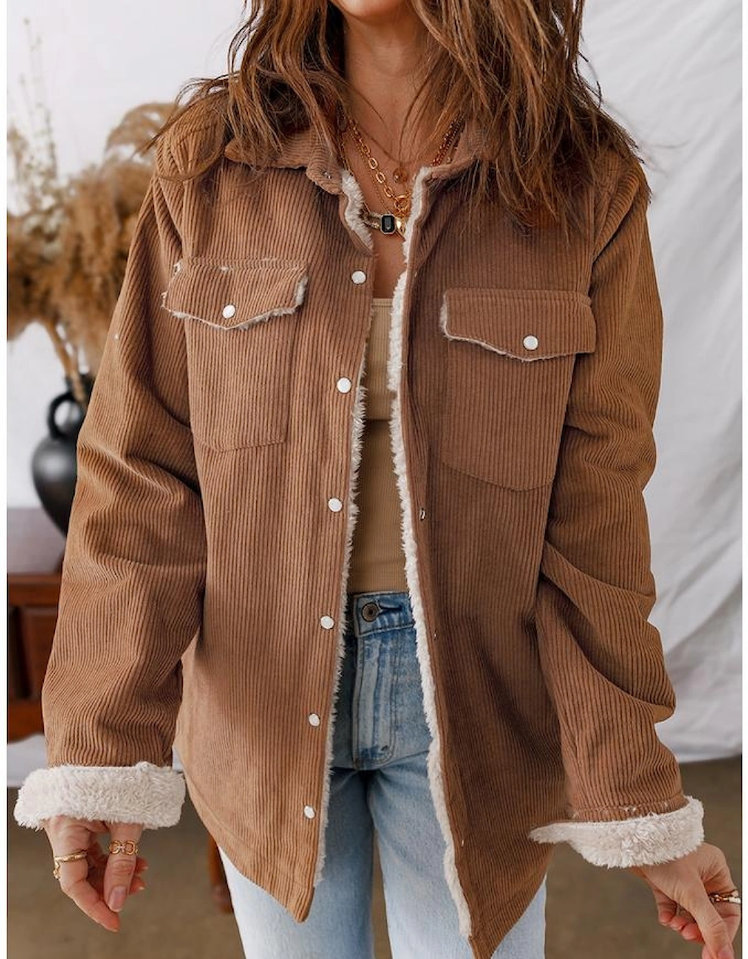 Cinnamon Fleece Lined Buttoned Flap Pockets Corduroy Jacket