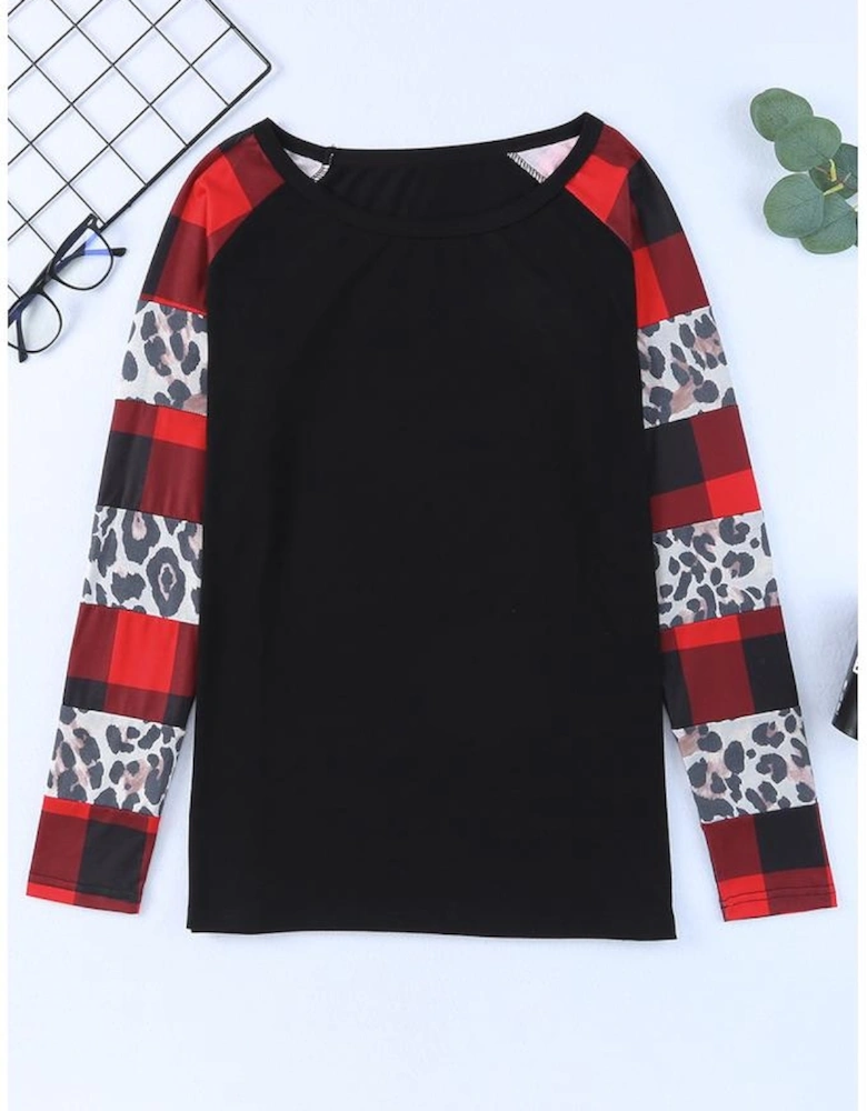 Black Off Shoulder Plaid&Leopard Print Long Sleeve Top