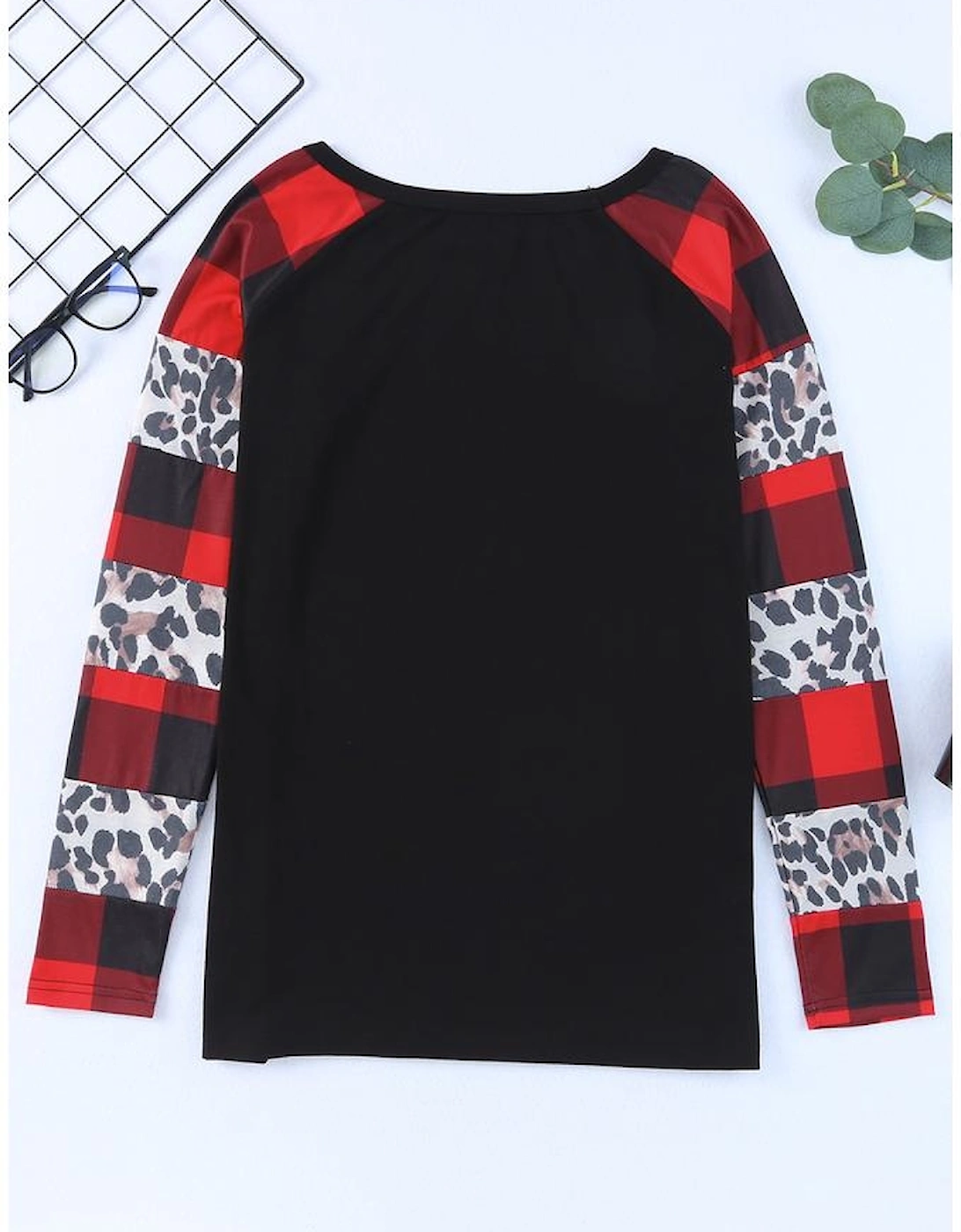 Black Off Shoulder Plaid&Leopard Print Long Sleeve Top, 13 of 12