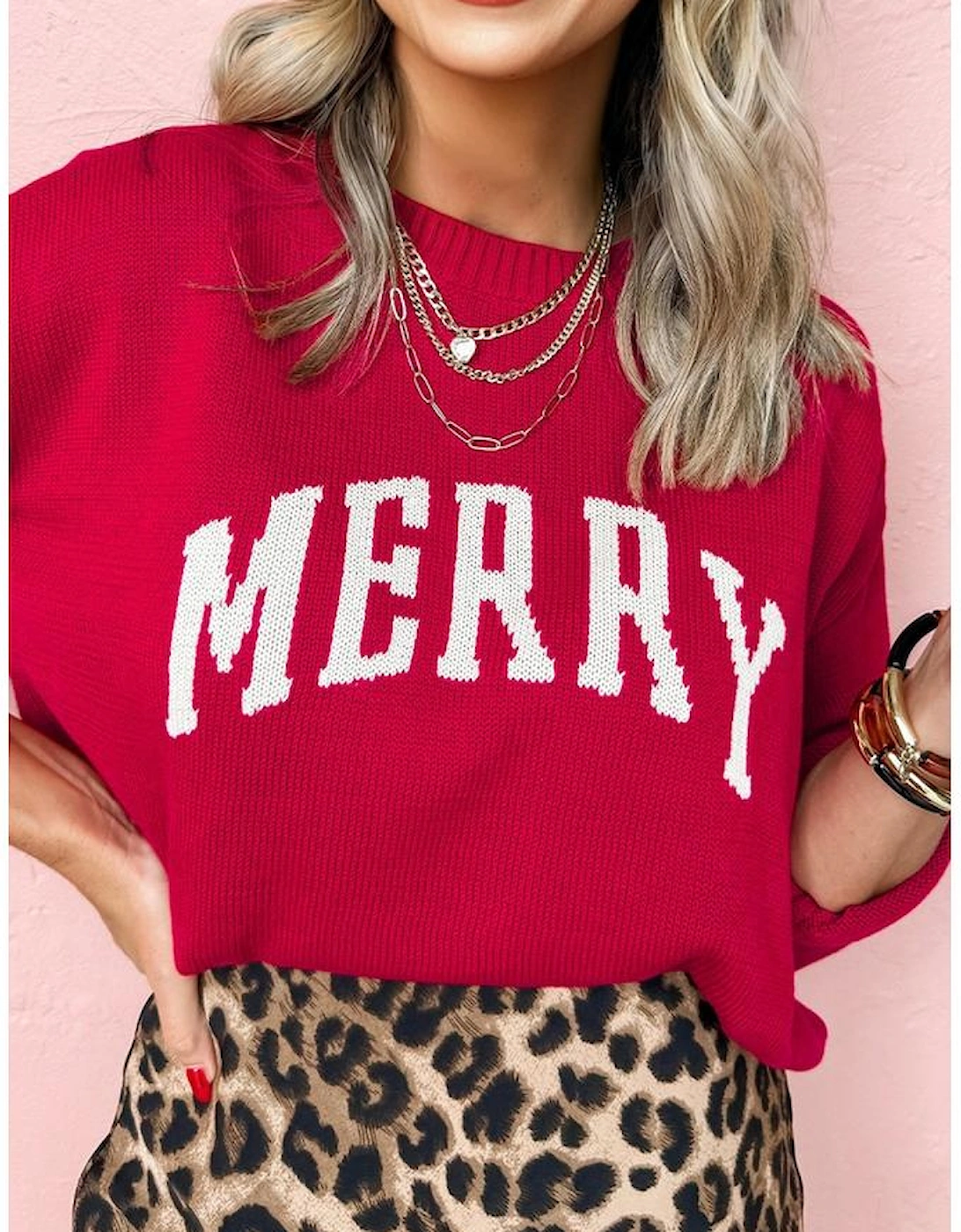 Fiery Red MERRY Letter Pattern Christmas Holiday Baggy Sweater