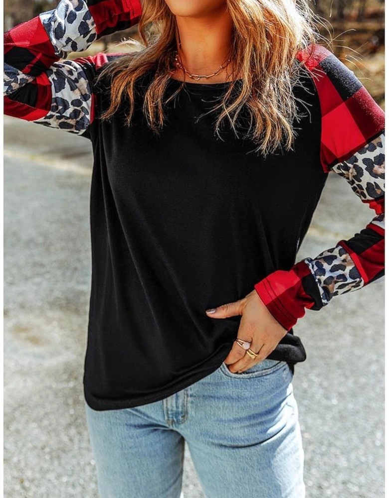 Black Off Shoulder Plaid&Leopard Print Long Sleeve Top