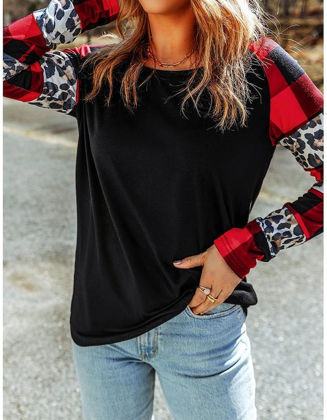Black Off Shoulder Plaid&Leopard Print Long Sleeve Top