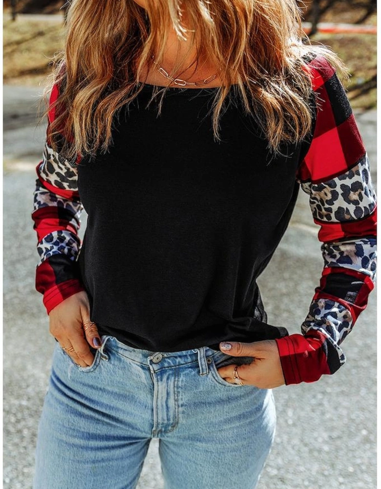 Black Off Shoulder Plaid&Leopard Print Long Sleeve Top