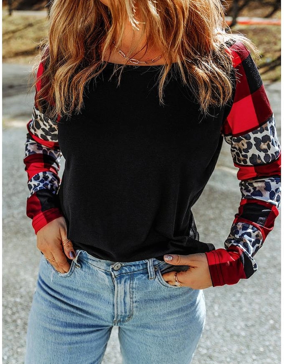 Black Off Shoulder Plaid&Leopard Print Long Sleeve Top