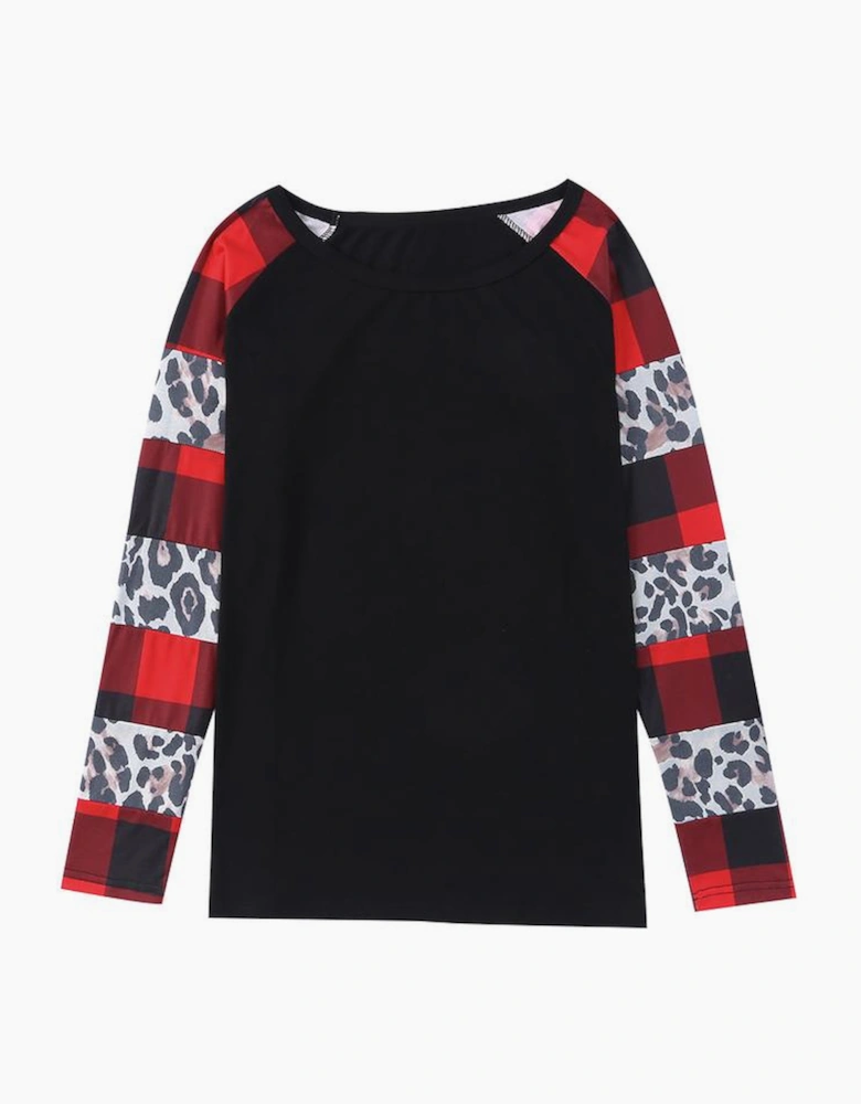 Black Off Shoulder Plaid&Leopard Print Long Sleeve Top