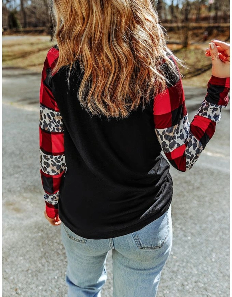 Black Off Shoulder Plaid&Leopard Print Long Sleeve Top