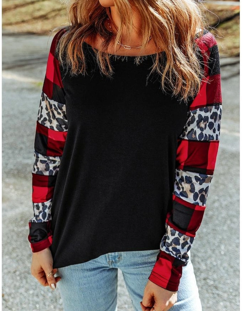Black Off Shoulder Plaid&Leopard Print Long Sleeve Top