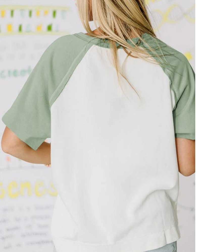 Clearly Aqua Colorblock Raglan Short Sleeve Half Buttons High Low T Shirt