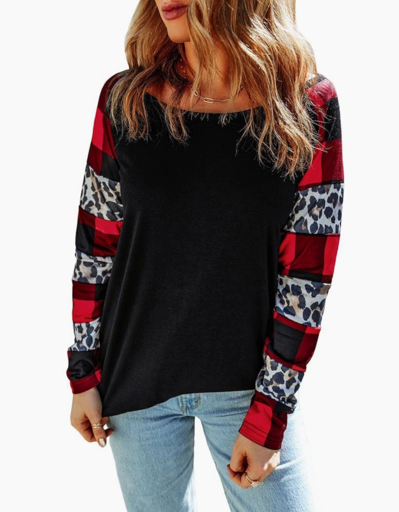 Black Off Shoulder Plaid&Leopard Print Long Sleeve Top