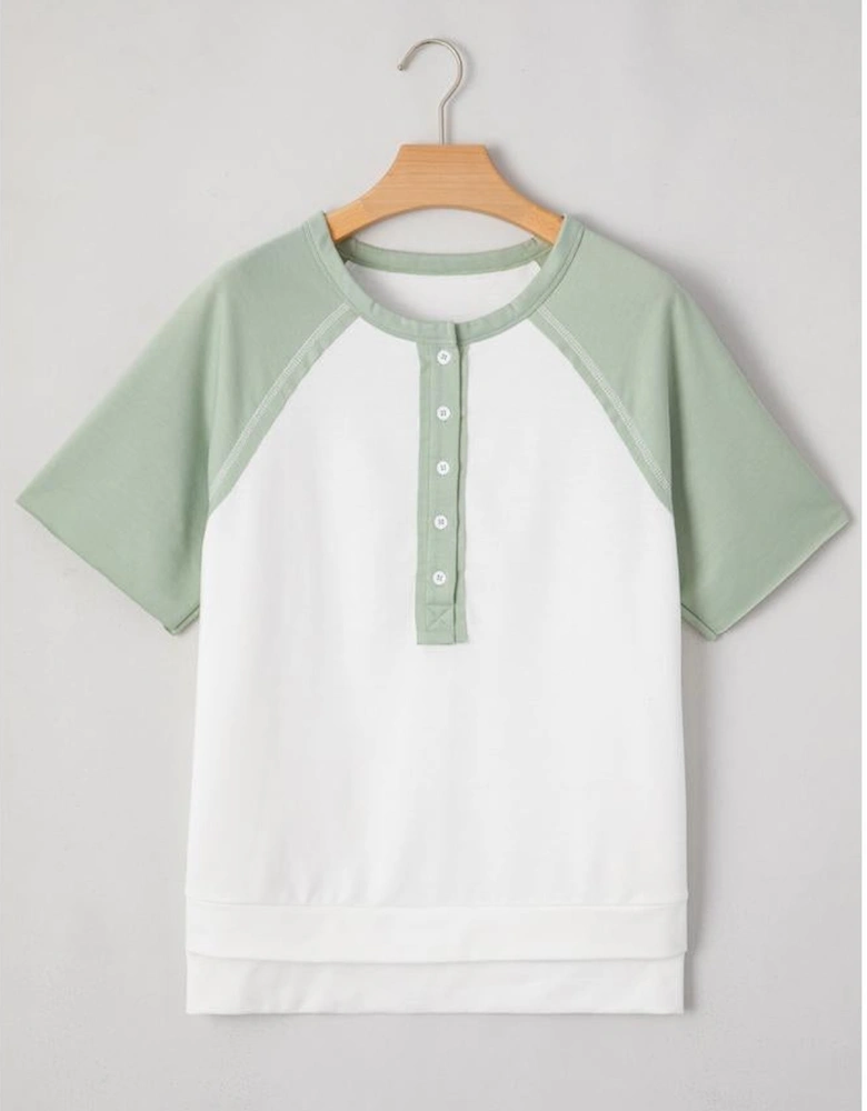 Clearly Aqua Colorblock Raglan Short Sleeve Half Buttons High Low T Shirt