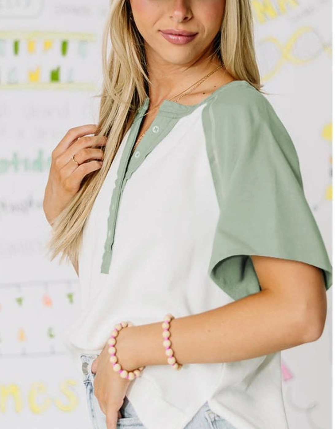 Clearly Aqua Colorblock Raglan Short Sleeve Half Buttons High Low T Shirt