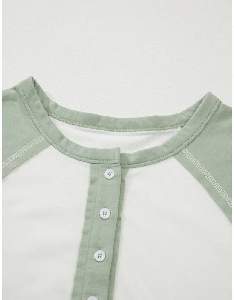 Clearly Aqua Colorblock Raglan Short Sleeve Half Buttons High Low T Shirt