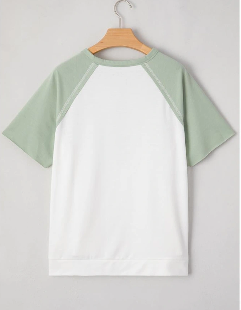 Clearly Aqua Colorblock Raglan Short Sleeve Half Buttons High Low T Shirt