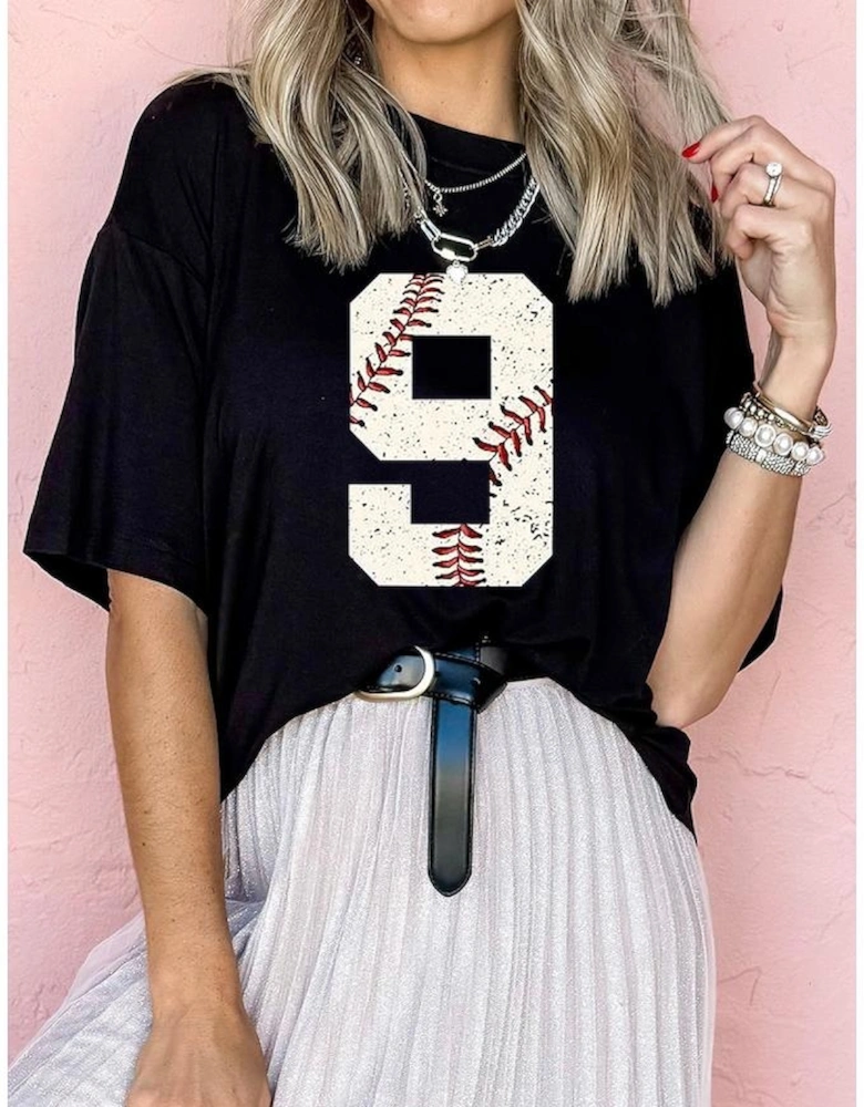 Black Number 9 Distressed Baseball Pattern Oversize Tee