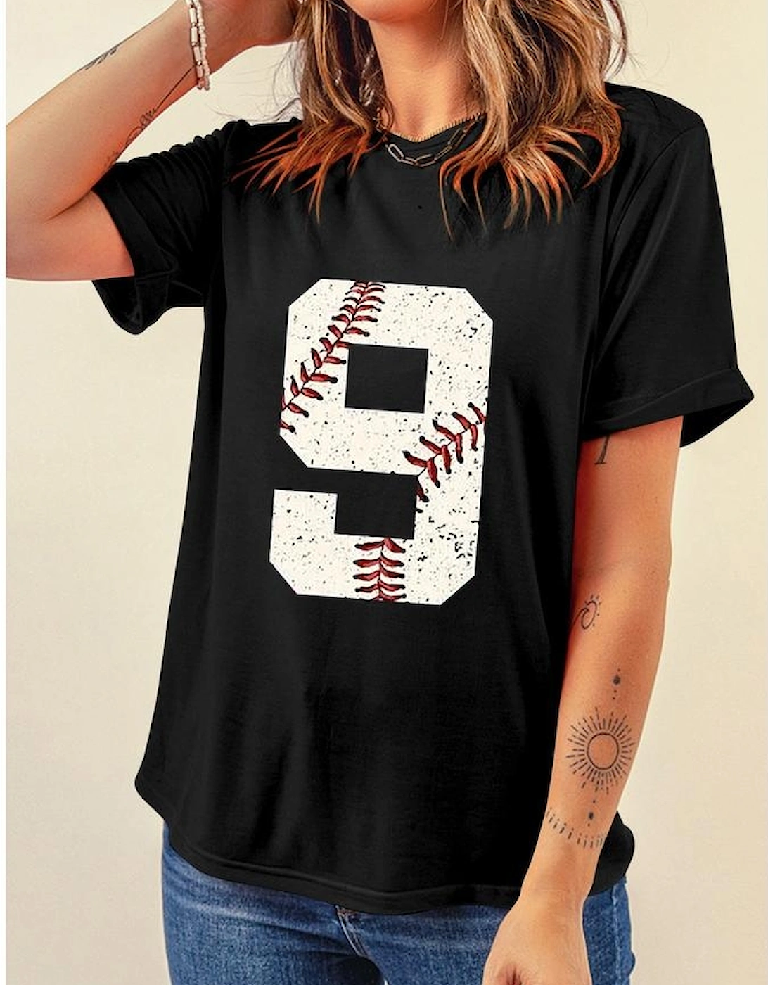 Black Number 9 Distressed Baseball Pattern Oversize Tee