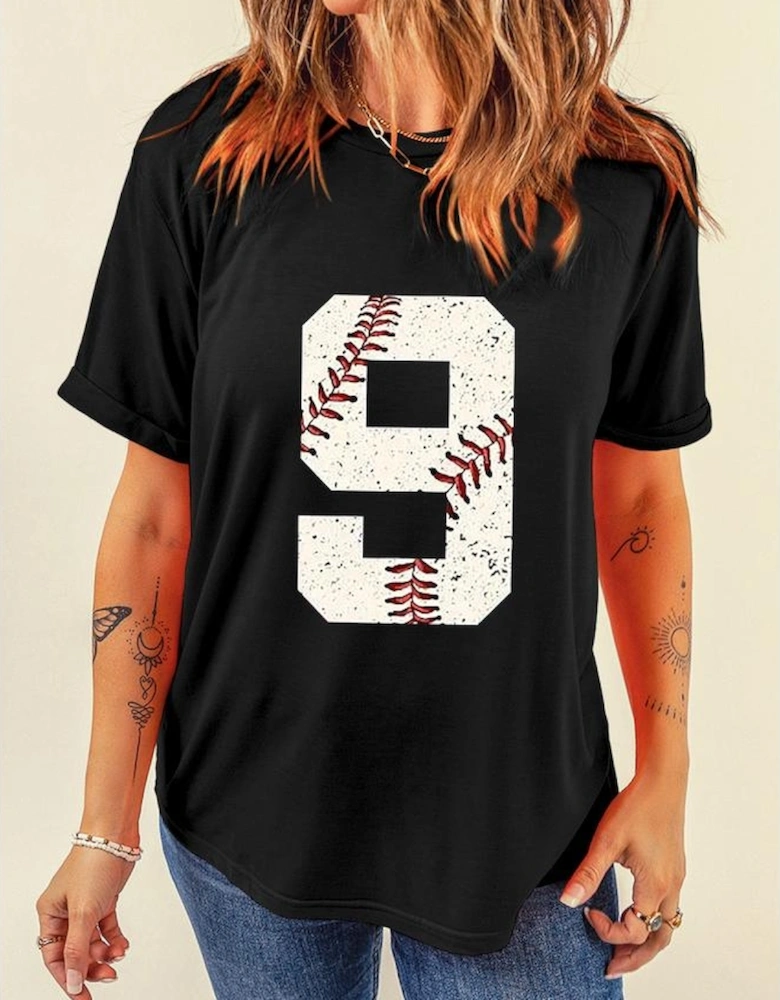 Black Number 9 Distressed Baseball Pattern Oversize Tee