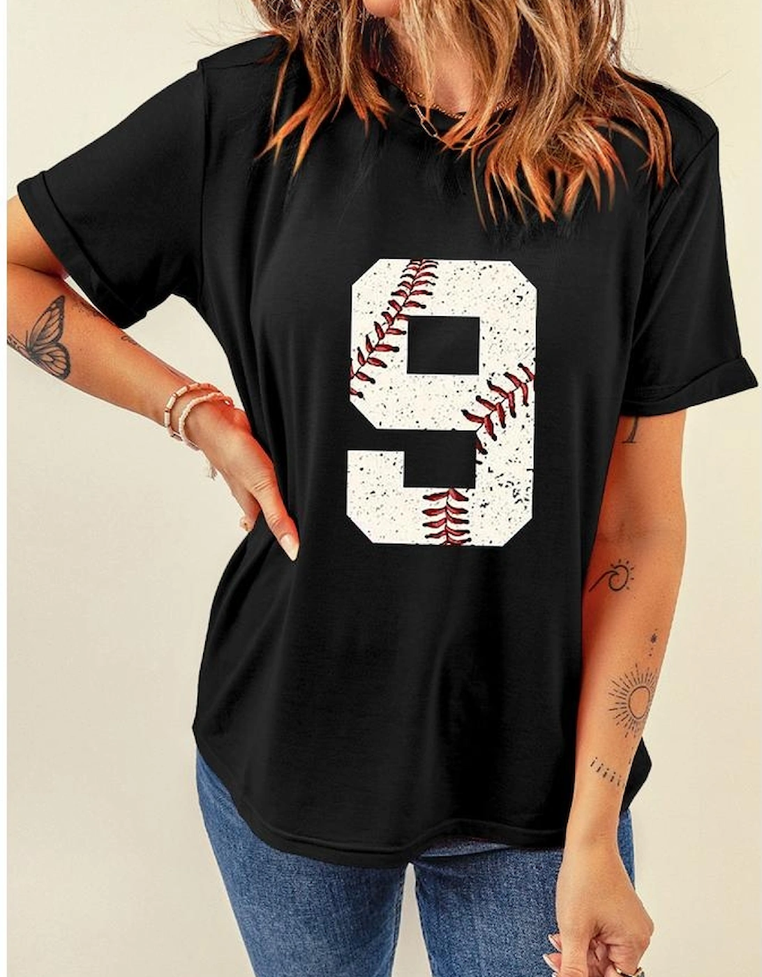 Black Number 9 Distressed Baseball Pattern Oversize Tee