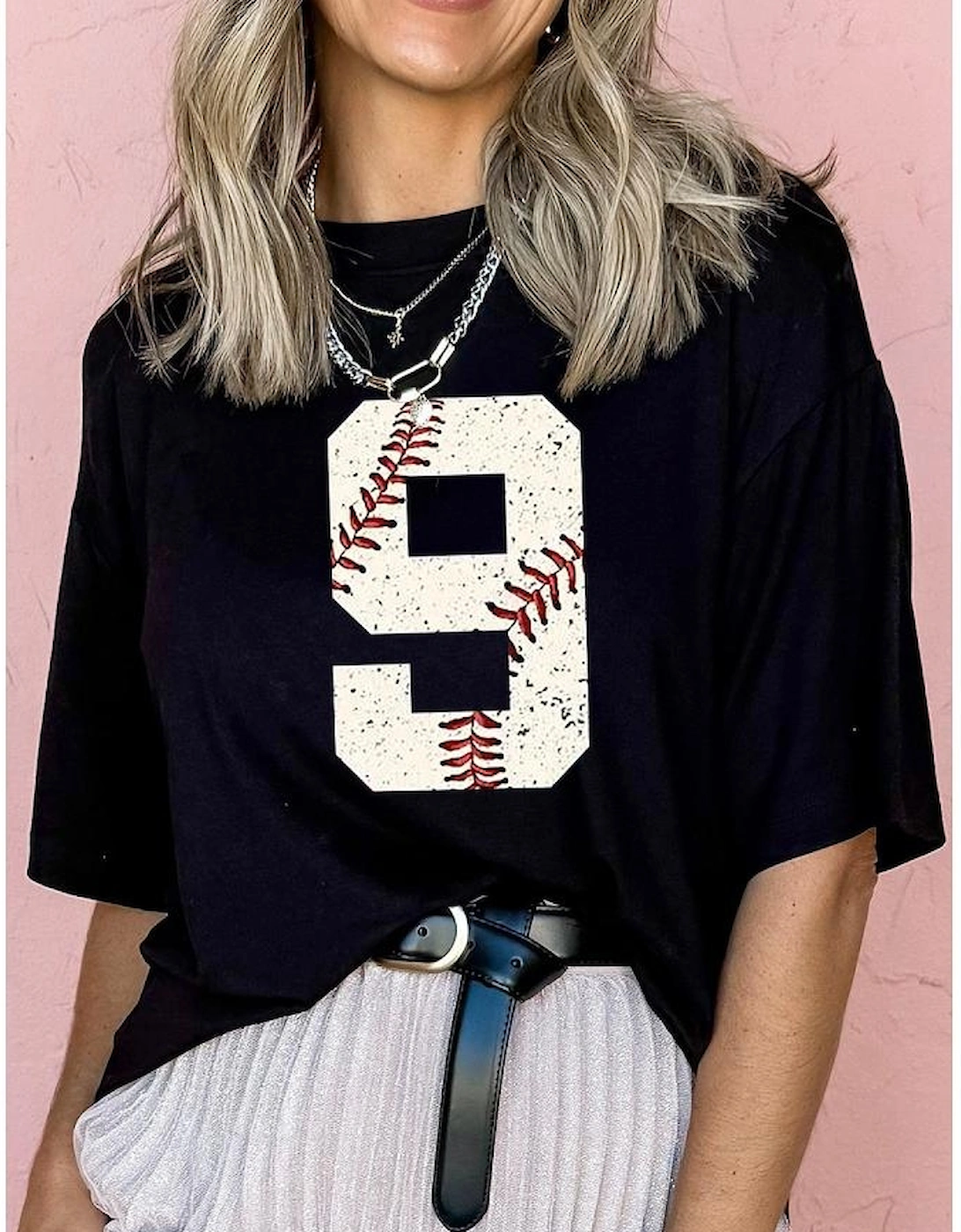 Black Number 9 Distressed Baseball Pattern Oversize Tee