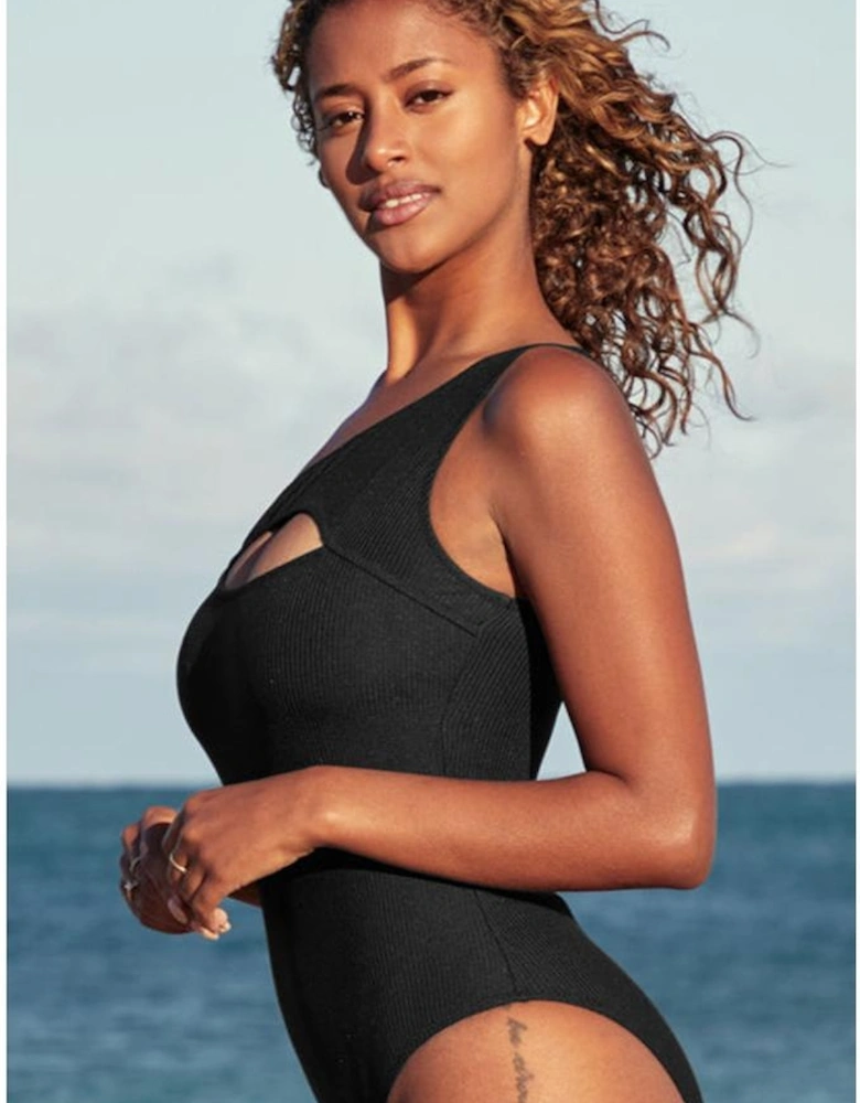 Black Ribbed One Shoulder Hollowed One Piece Swimsuit