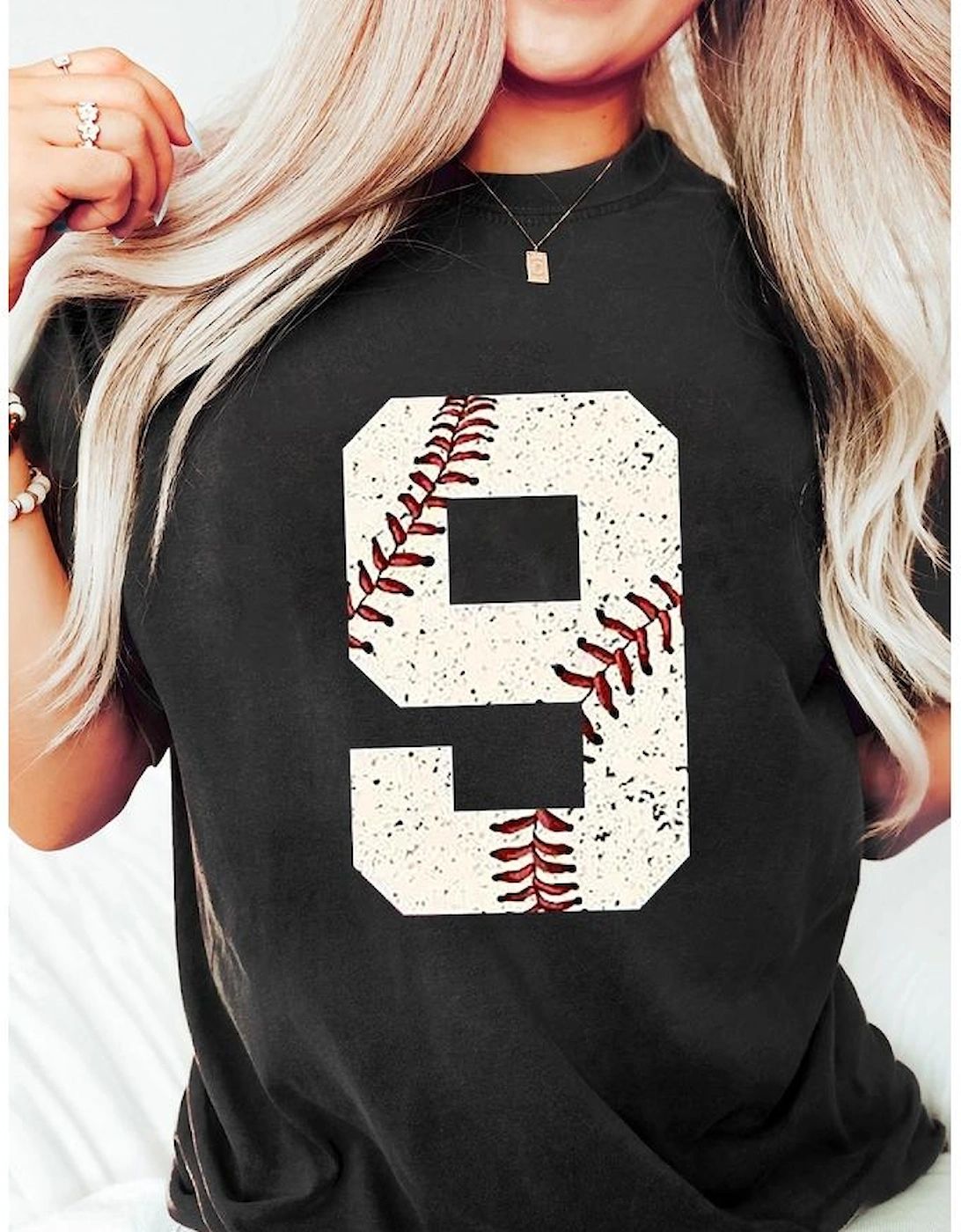 Black Number 9 Distressed Baseball Pattern Oversize Tee