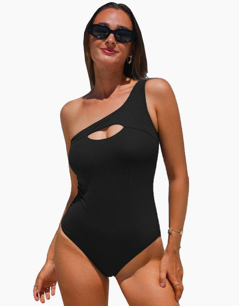 Black Ribbed One Shoulder Hollowed One Piece Swimsuit