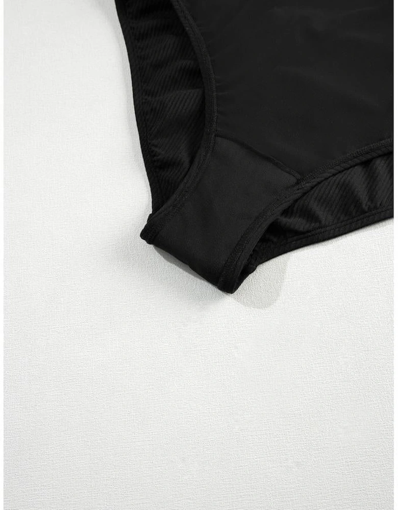 Black Ribbed One Shoulder Hollowed One Piece Swimsuit