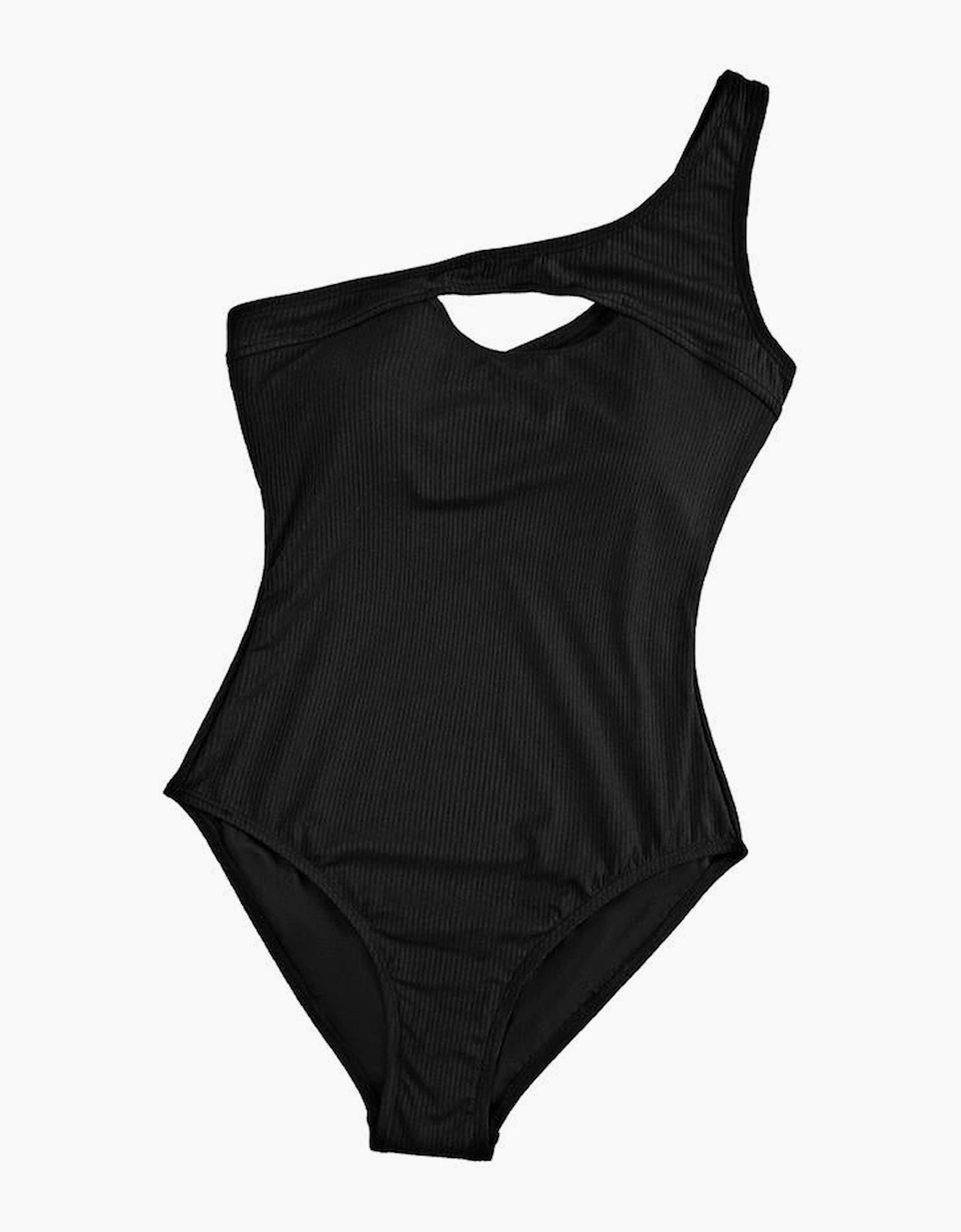 Black Ribbed One Shoulder Hollowed One Piece Swimsuit