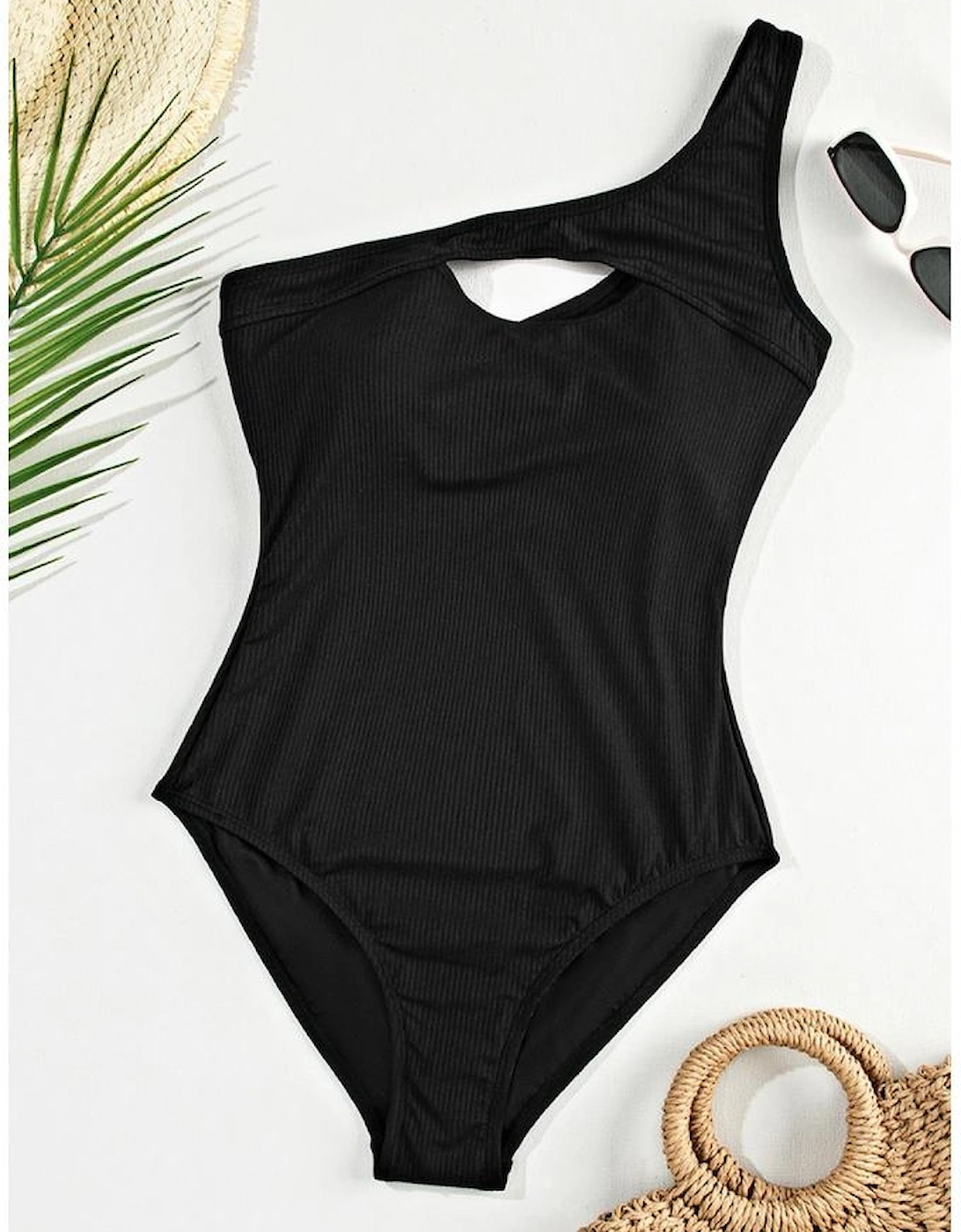 Black Ribbed One Shoulder Hollowed One Piece Swimsuit