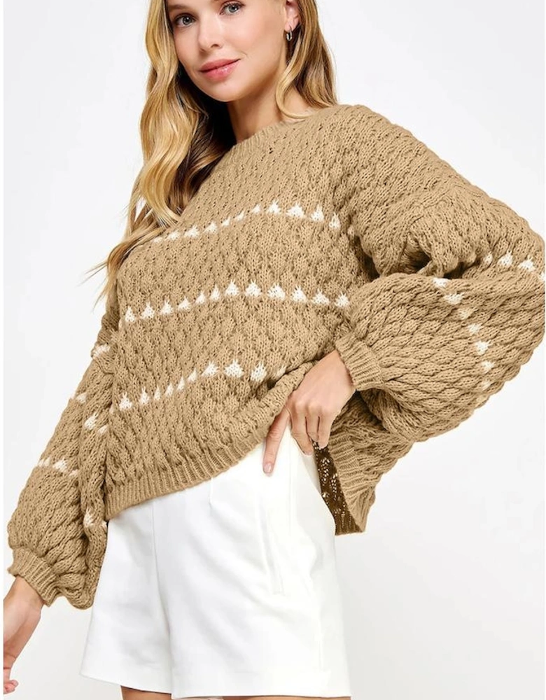 Pale Khaki Contrast Detail Textured Knit Puff Sleeve Baggy Sweater