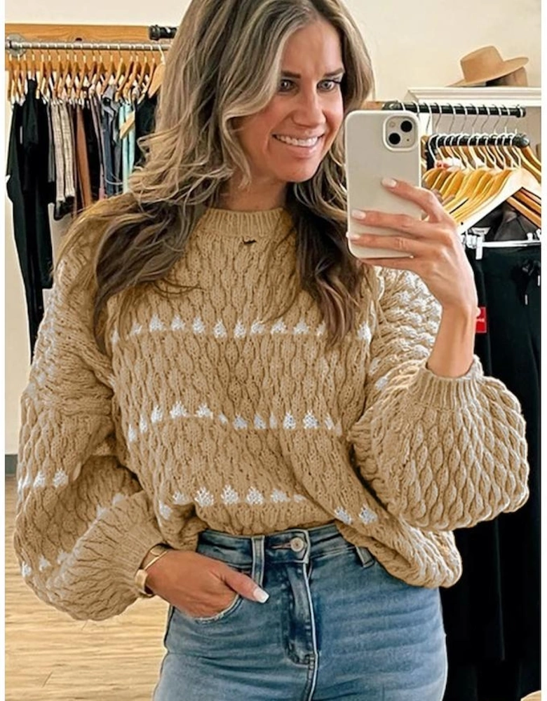 Pale Khaki Contrast Detail Textured Knit Puff Sleeve Baggy Sweater