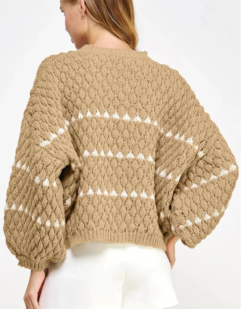 Pale Khaki Contrast Detail Textured Knit Puff Sleeve Baggy Sweater