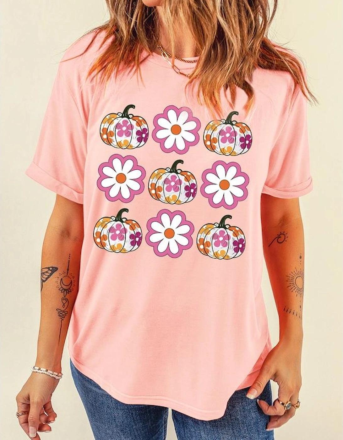 Pink Floral Pumpkin Thanksgiving Holiday Funny Graphic T Shirt