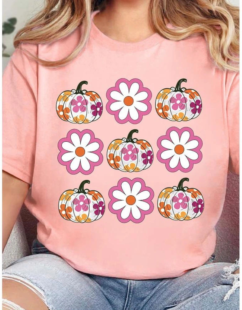 Pink Floral Pumpkin Thanksgiving Holiday Funny Graphic T Shirt