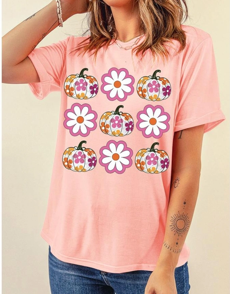 Pink Floral Pumpkin Thanksgiving Holiday Funny Graphic T Shirt